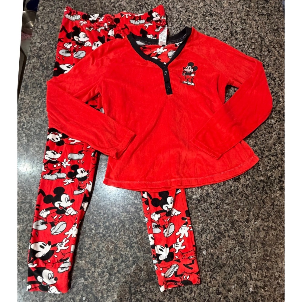 Disney Mickey Mouse Pajama Set Womens Small Red Fleece Henley Top Jogger Pants